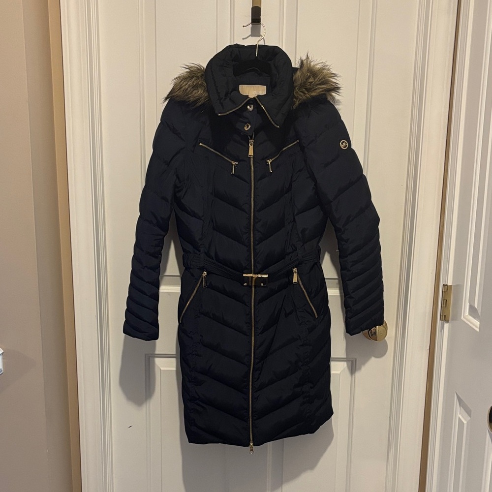 MICHAEL Michael Kors Navy Puffer Coat with Faux Fur